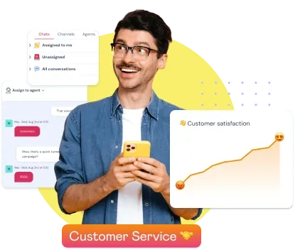 A man smiling at his phone next to a rising customer satisfaction chart.