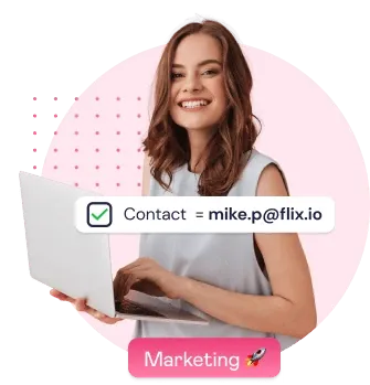 A woman holding a laptop, with a Marketing label.